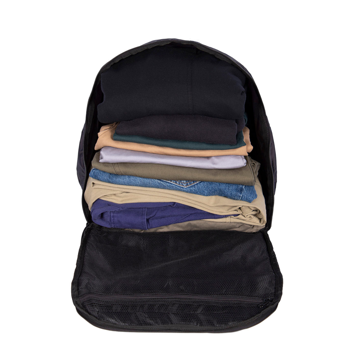 Interior del morral abierto mostrando capacidad para ropa organizada - Citybags